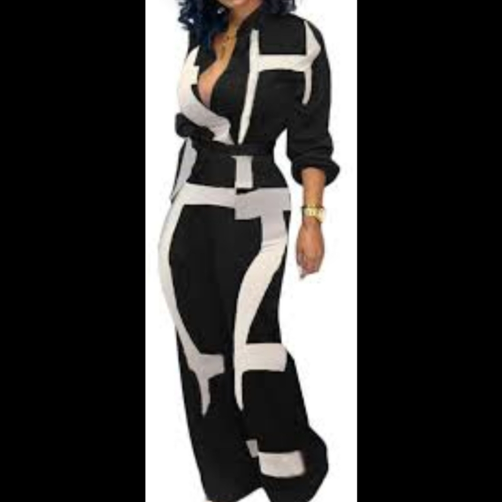 Women's Black and White Colorblock Long Sleeve Wide Leg Button up Jumpsuit